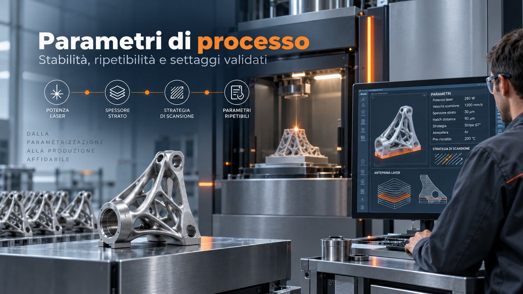 Parametri di processo: potenza laser, spessore strato, strategia di scansione, parametri ripetibili