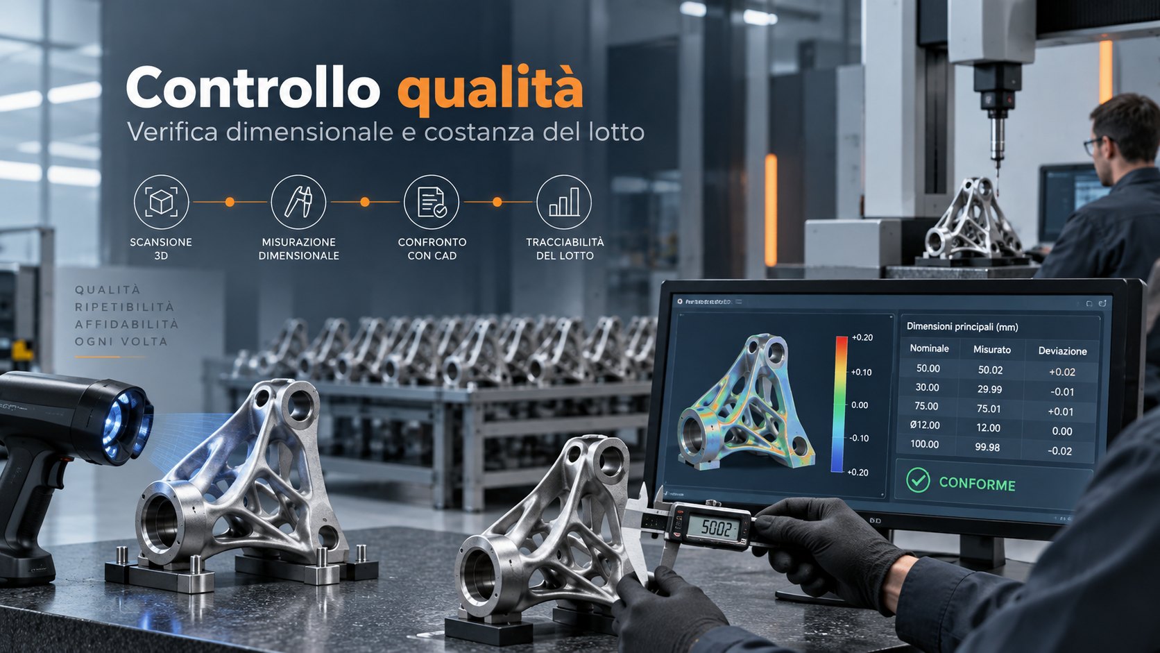 Controllo qualità: scansione 3D, misurazione dimensionale, confronto con il CAD, tracciabilità del lotto