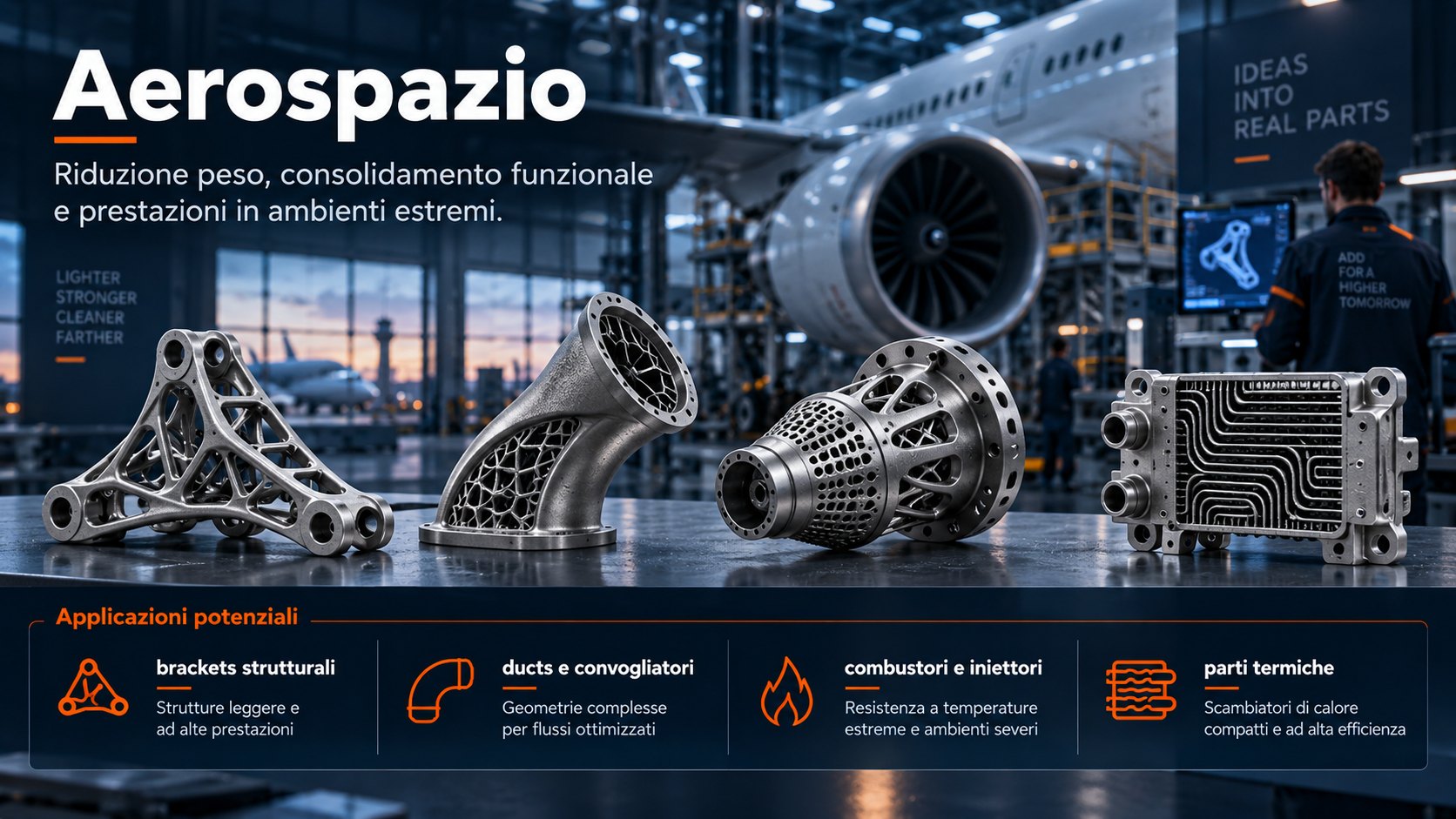 Aerospazio — Brackets strutturali, condotti, combustori e parti termiche per l'aeronautica.