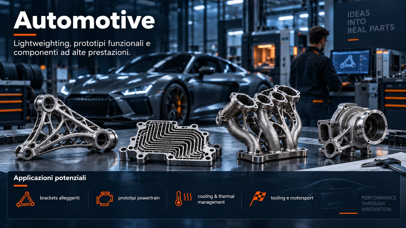 Automotive — Alleggerimento, prototipi powertrain, gestione termica e attrezzature di stampaggio.