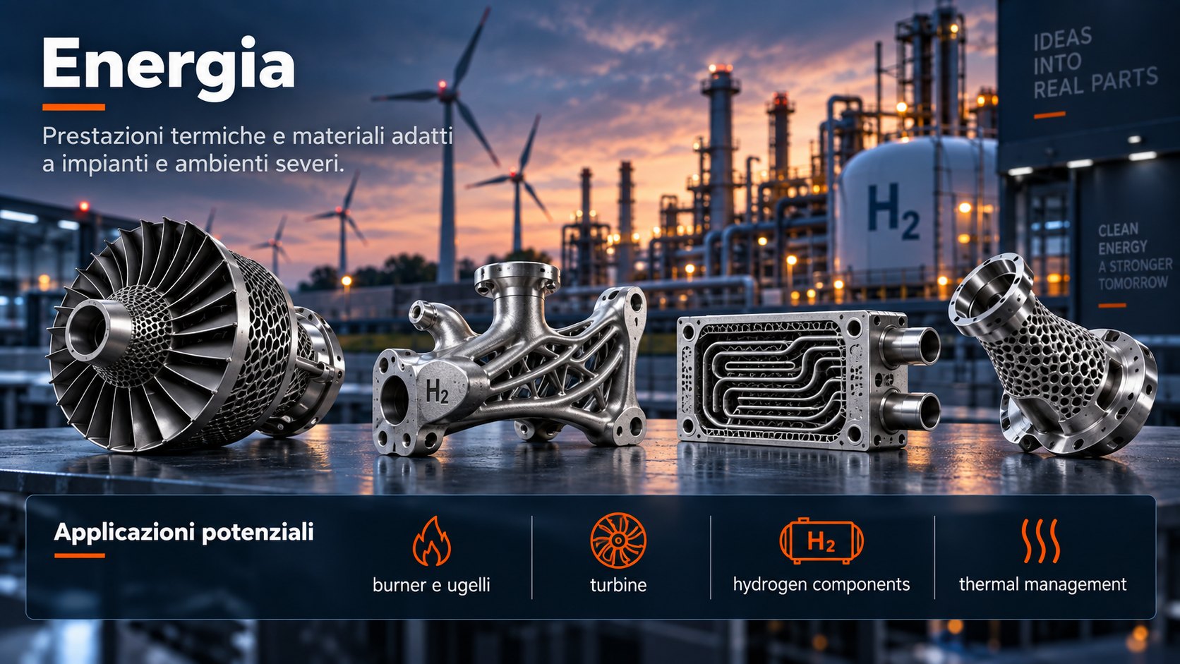 Energia — Turbine, bruciatori, componenti per l'idrogeno e gestione termica.