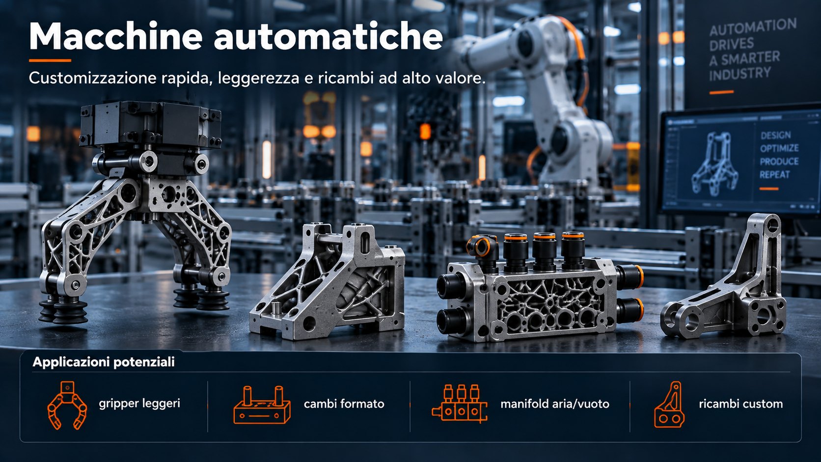 Macchine automatiche — Gripper, cambi formato, manifold pneumatici e ricambi personalizzati.