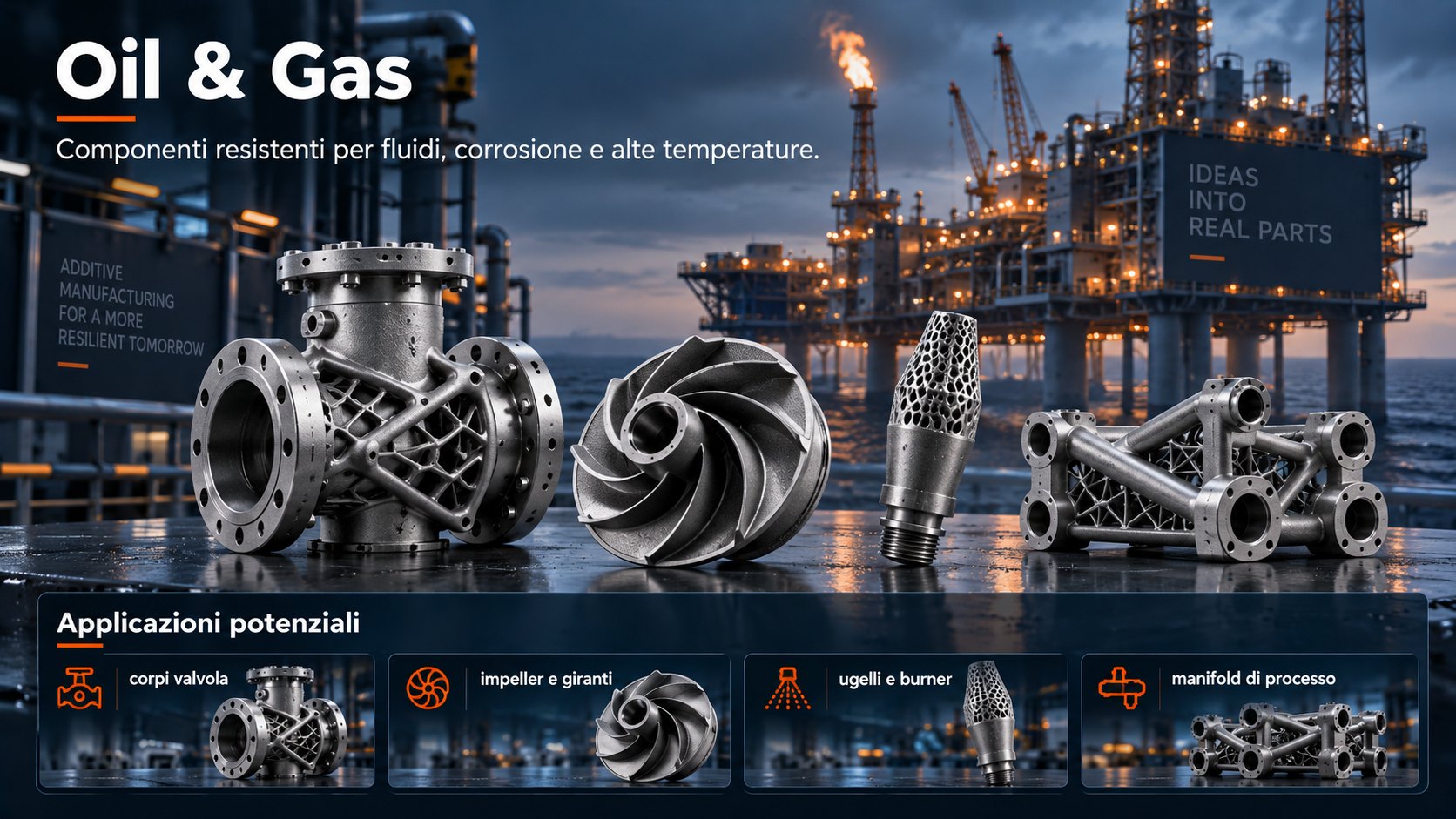 Oil & Gas — Corpi valvola, giranti, ugelli e manifold per fluidi aggressivi e alte pressioni.